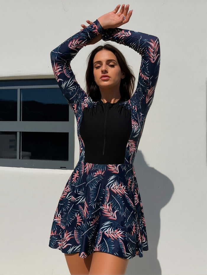 Women's Two Piece Rash Guard Set Swimsuits with Long Sleeve Tank Top & Ruffle Swim Skirt