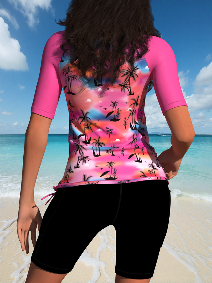 Women's Two Piece Rash Guard Short Sleeve Swim Shirts UPF 50+ Built in Bra Swimsuit with Boyshorts with Pockets