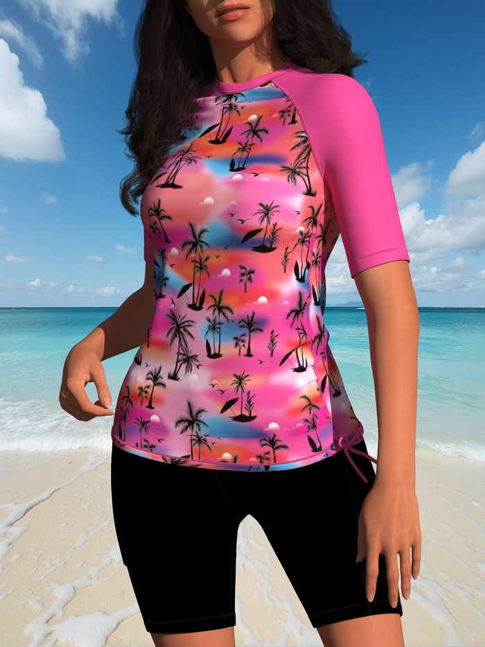 Women's Two Piece Rash Guard Short Sleeve Swim Shirts UPF 50+ Built in Bra Swimsuit with Boyshorts with Pockets