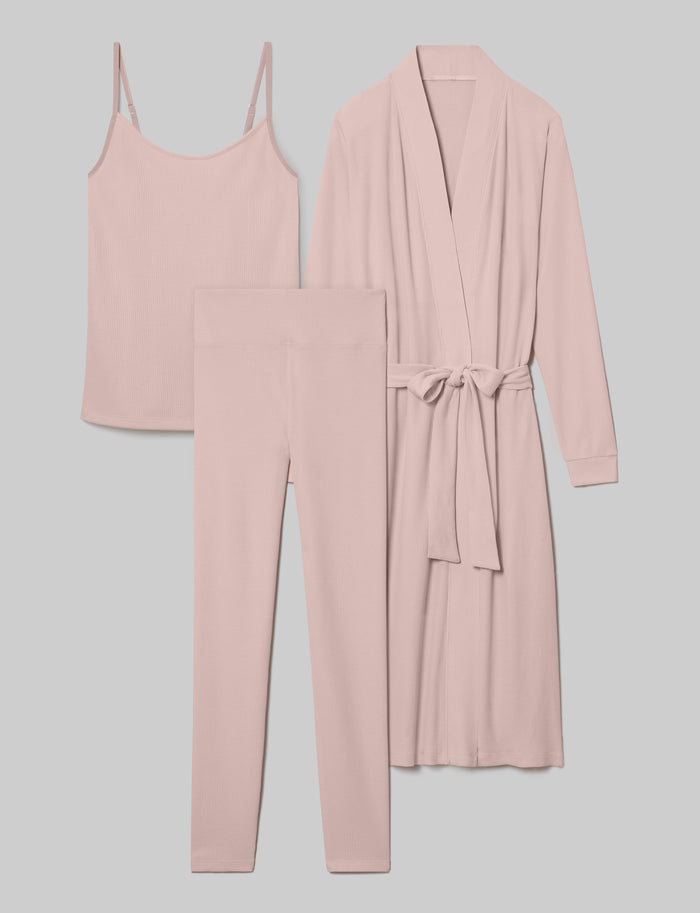 Women's Waffle Lounge Tank, Legging & Robe Set::Sepia Rose