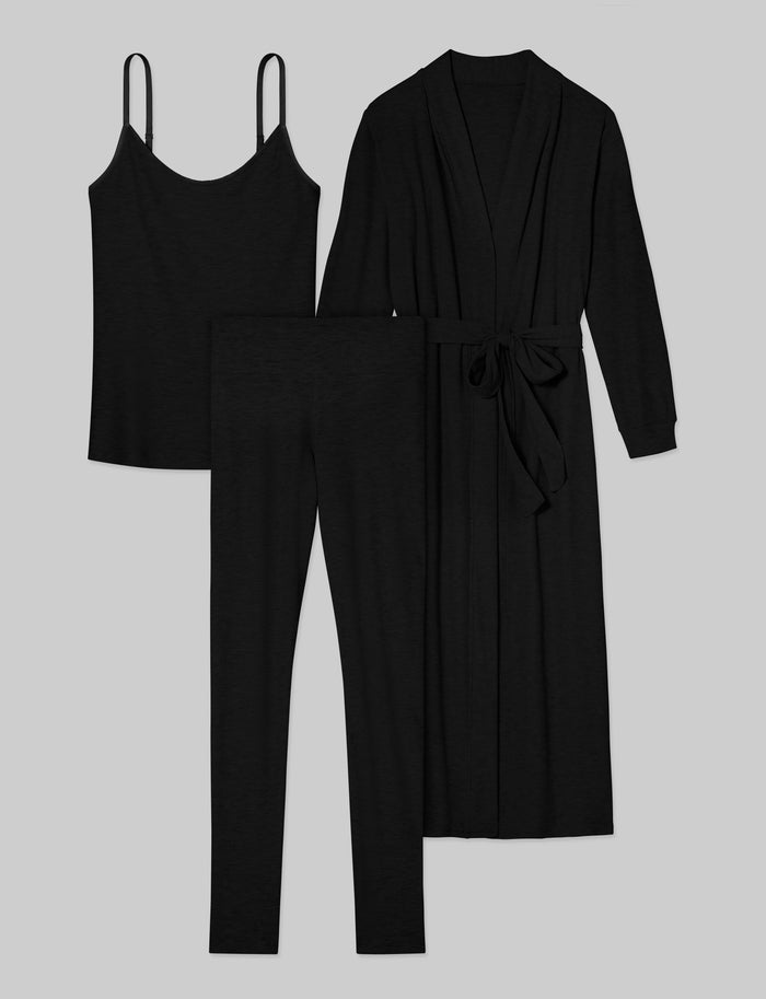 Women's Waffle Lounge Tank, Legging & Robe Set::Black