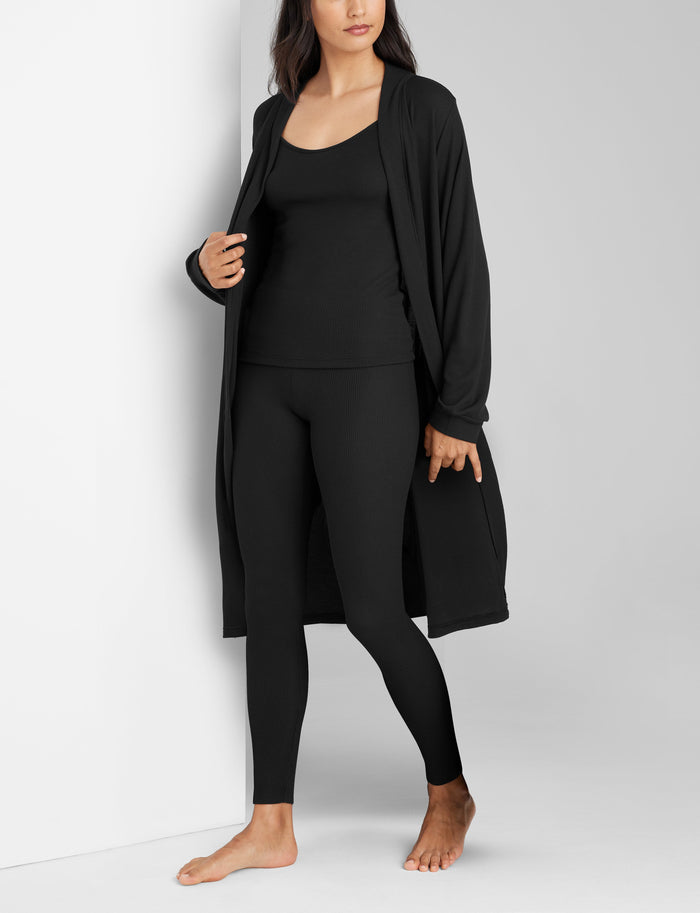 Women's Waffle Lounge Tank, Legging & Robe Set::Black