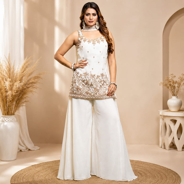 Women's White Kurta Palazzo Dupatta Set