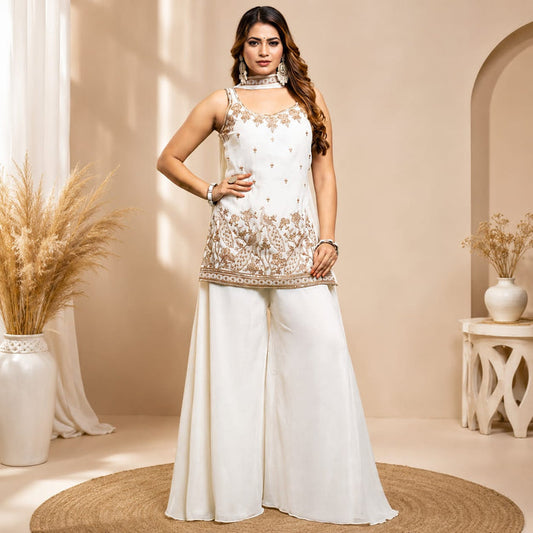 Women's White Kurta Palazzo Dupatta Set
