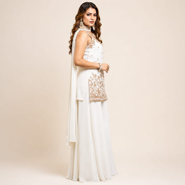 Women's White Kurta Palazzo Dupatta Set