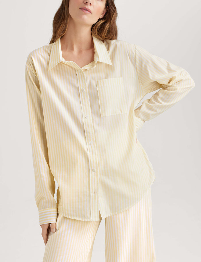 Women's Woven Button Down Shirt::Golden Haze Coastal Stripe