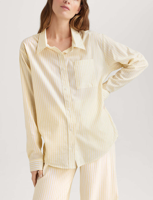 Women's Woven Button Down Shirt::Golden Haze Coastal Stripe