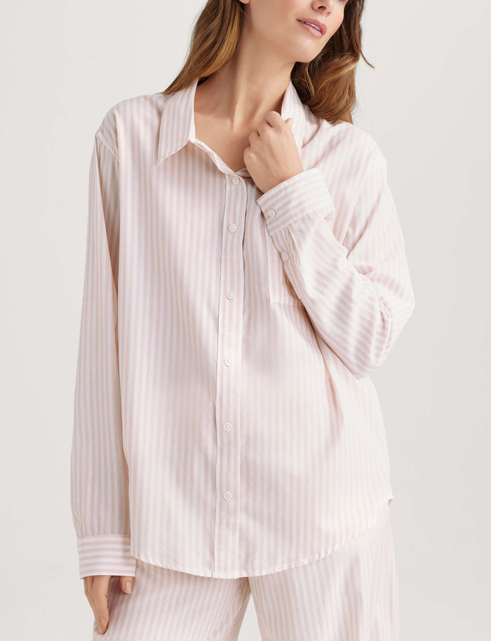 Women's Woven Button Down Shirt::Cameo Rose Coastal Stripe