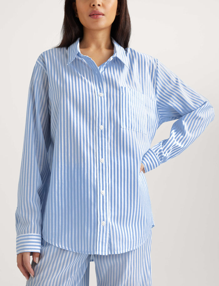 Women's Woven Button Down Shirt::Vista Blue Coastal Stripe